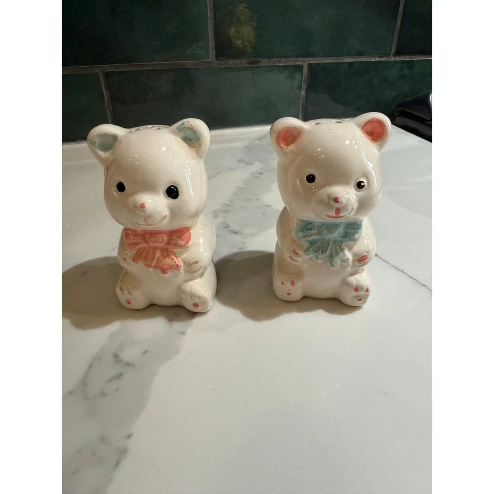 Vintage Teddy Bear Salt and Pepper Shakers Ceramic Pink Blue Bow Set of 2